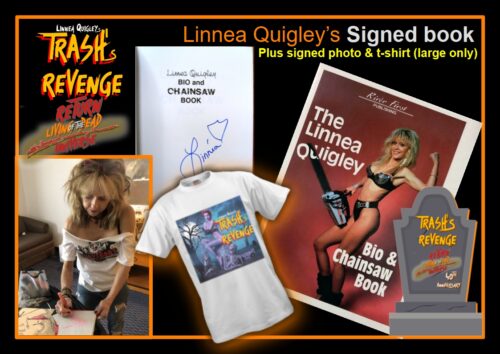 A rare Linnea Quigley Signed book Plus signed photo & t-shirt (large only)